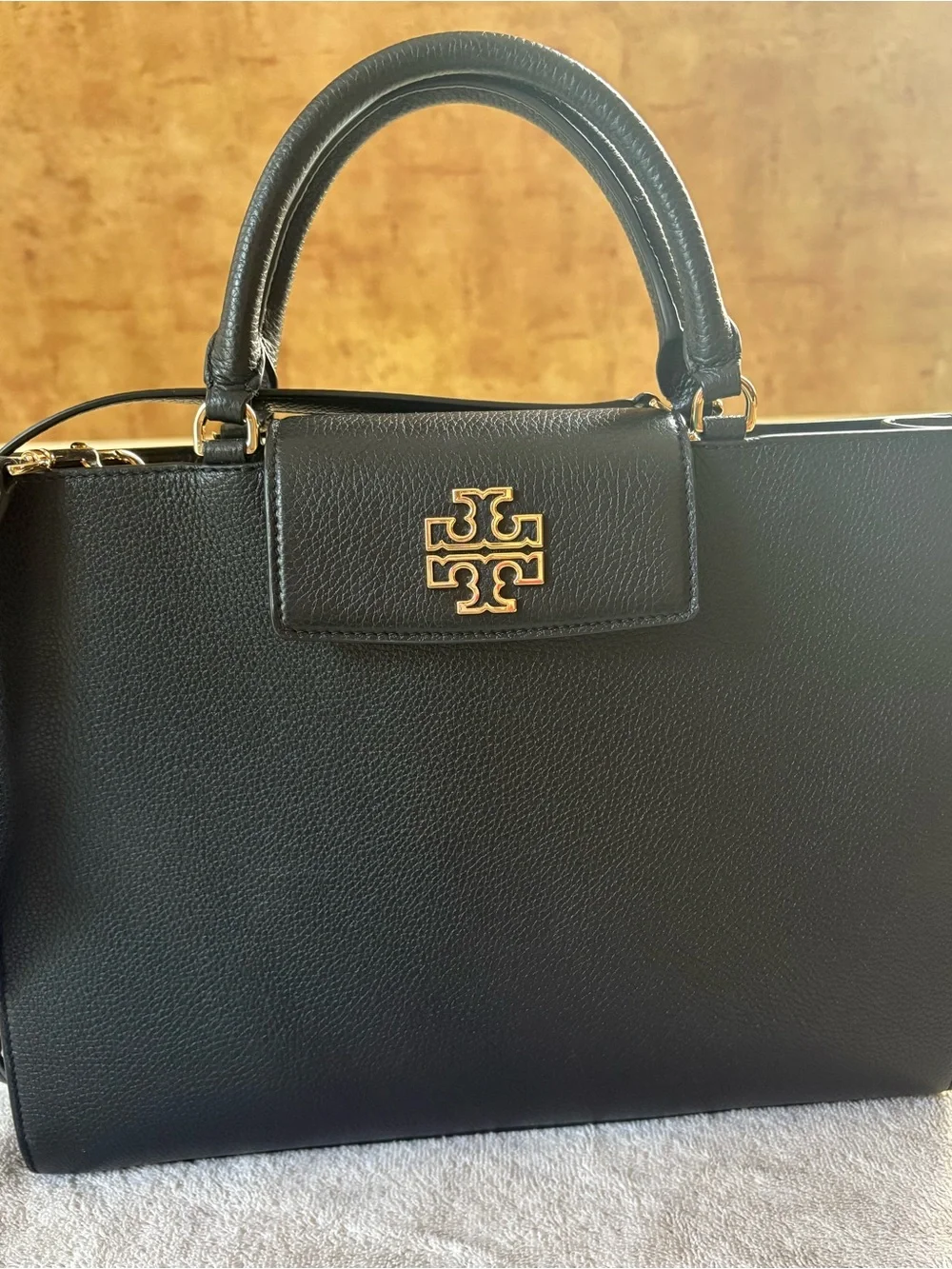 Tory Burch Britten Tote Black Leather Top-Handle with Gold Logo